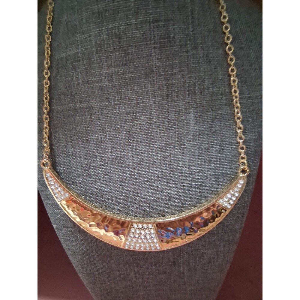 Gold Tone Crescent Pendant Statement Necklace Clear Crystal Rhinestones Pavé